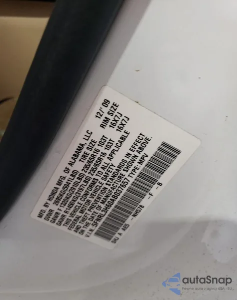 2010 Honda Odyssey Exl z USA, uszkodzony, nr VIN 5FNRL3H60AB037657